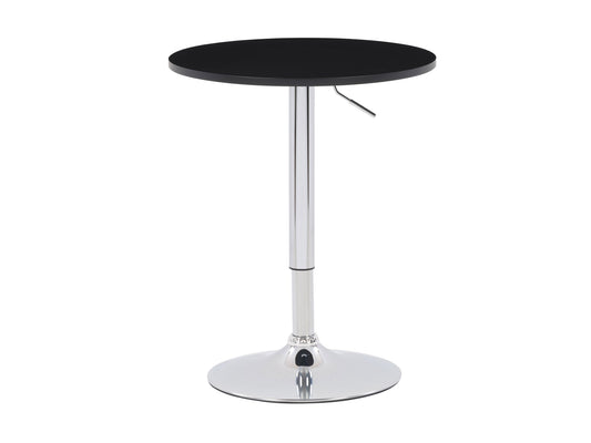 Black adjustable height round bar table with sleek metal base, smooth black tabletop, and modern design. Ideal for home bars, kitchen islands, or entertainment areas. Durable and stylish for contemporary decor.