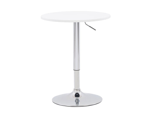 White round adjustable height bar table with sleek metal base and footrest, modern design, smooth surface, and versatile for kitchen, dining, or bar areas.