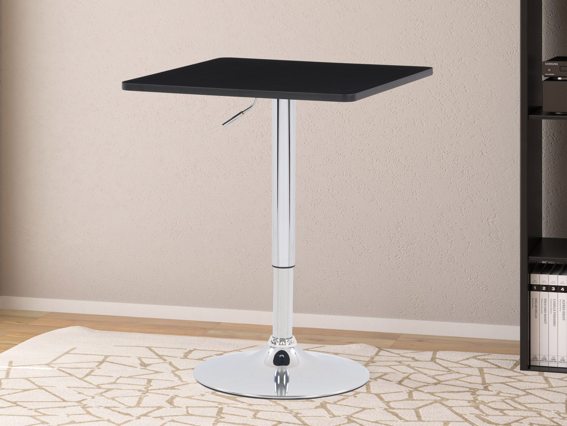 Adjustable height bar table with a square black top and sleek metal frame, featuring a modern design, sturdy construction, and smooth finish, perfect for contemporary kitchen or home bar settings.