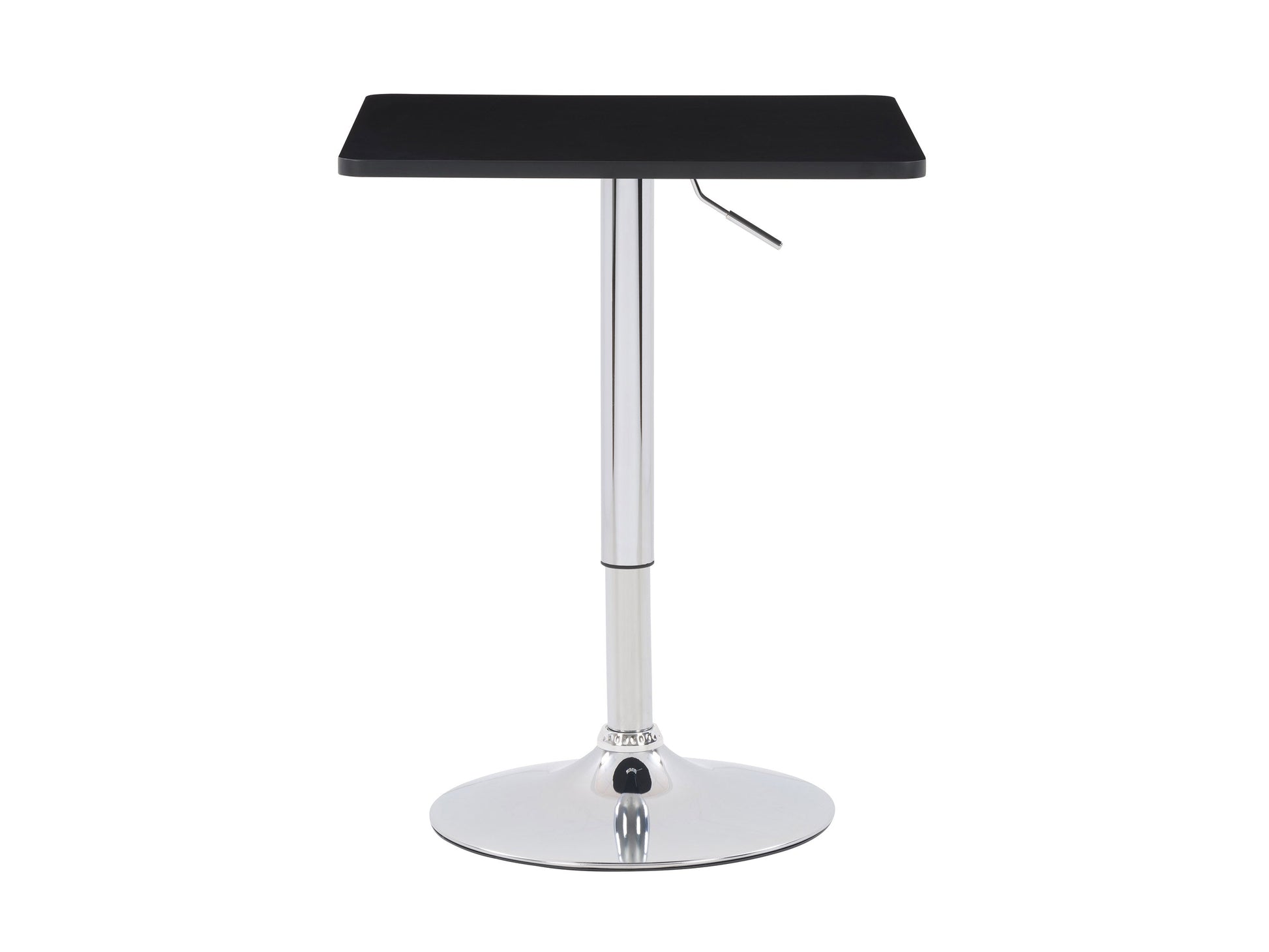 Adjustable height bar table with a square black top and sleek metal frame, featuring a modern design, sturdy construction, and smooth finish, perfect for contemporary kitchen or home bar settings.