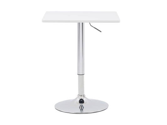 Sleek white adjustable height square bar table with chrome base, modern design, smooth finish, perfect for kitchen or bar area.