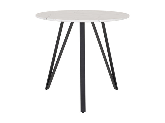 Small round dining table with a white marble top and sleek black metal legs, ideal for modern dining rooms.