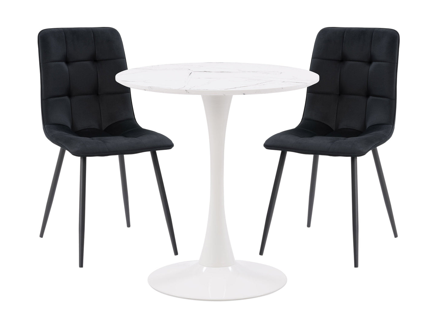 Black 3 piece bistro dining set, featuring a round metal table with a mesh top and two matching chairs with curved backs and mesh seats. Ideal for outdoor patio or garden use. Durable and stylish design.