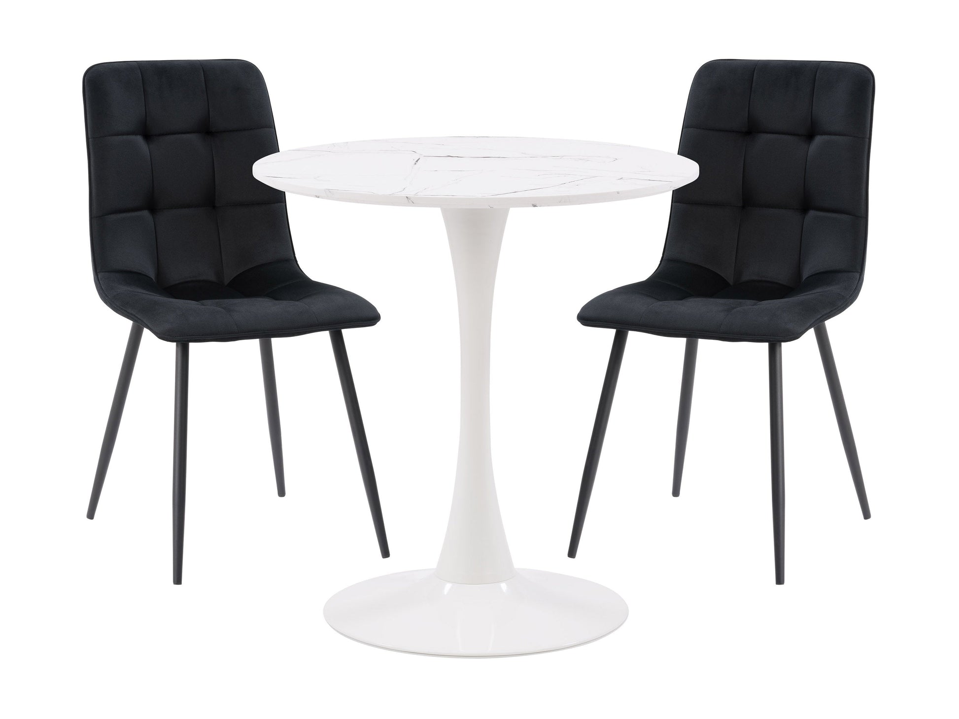 Black 3 piece bistro dining set, featuring a round metal table with a mesh top and two matching chairs with curved backs and mesh seats. Ideal for outdoor patio or garden use. Durable and stylish design.