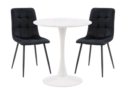 Black 3 piece bistro dining set, featuring a round metal table with a mesh top and two matching chairs with curved backs and mesh seats. Ideal for outdoor patio or garden use. Durable and stylish design.