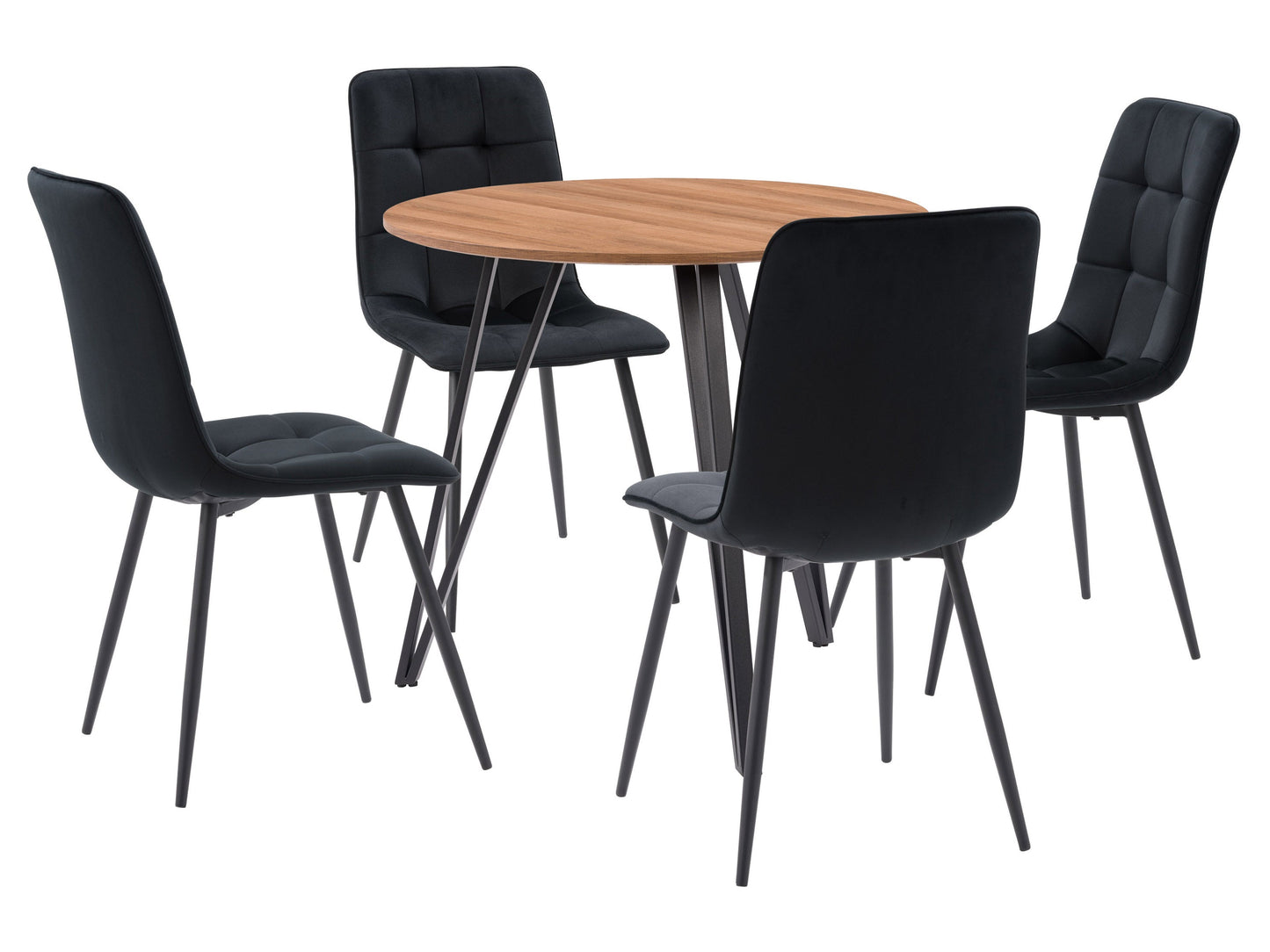 Black round dining table set with four cushioned chairs, sleek metal legs, and a modern design perfect for contemporary dining rooms. The table features a smooth black finish and sturdy construction.