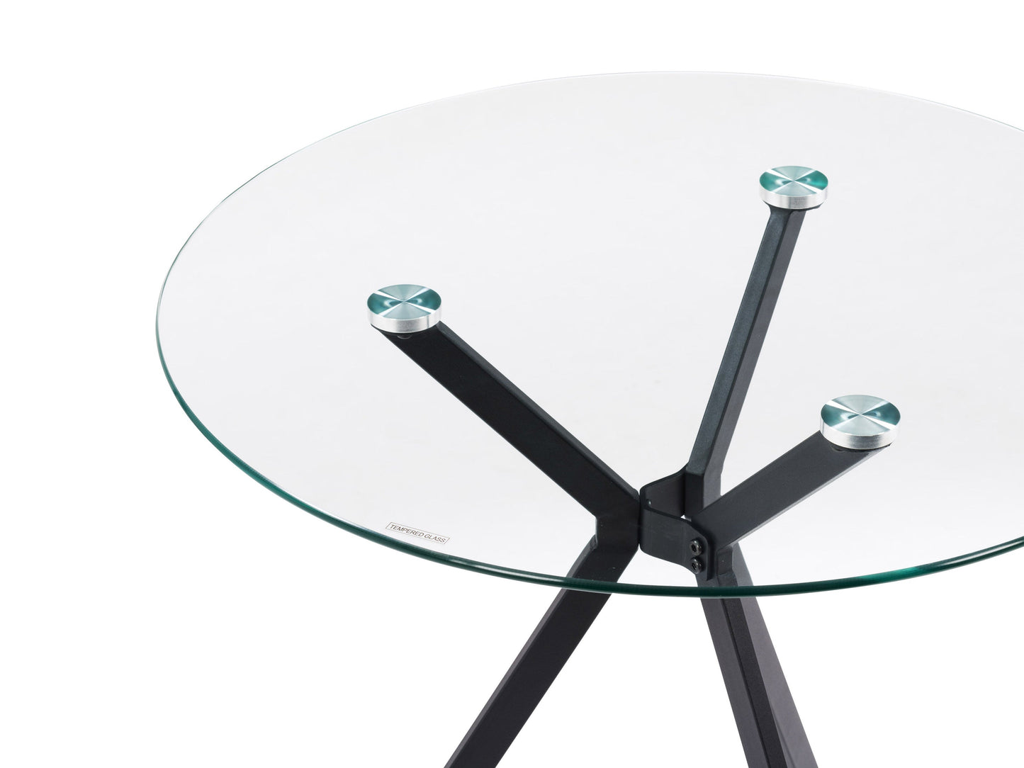 Glass dining table set with four black upholstered chairs, sleek glass tabletop, chrome legs, and contemporary design perfect for modern dining rooms. Durable materials, stylish finish, and easy to clean.