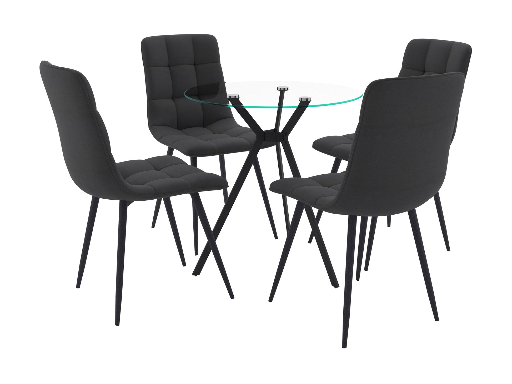 Glass dining table set with four black upholstered chairs, sleek glass tabletop, chrome legs, and contemporary design perfect for modern dining rooms. Durable materials, stylish finish, and easy to clean.