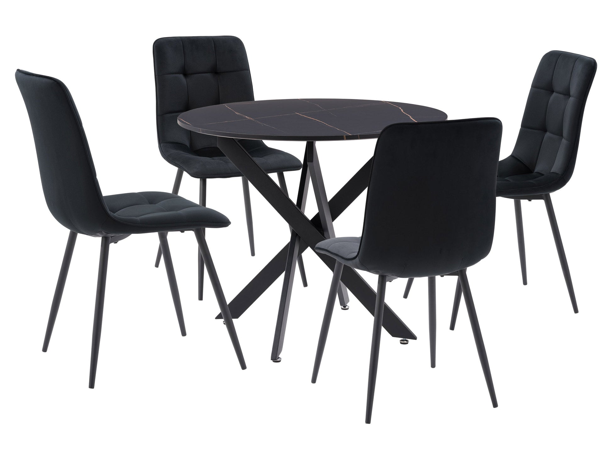 Black dining room set with a rectangular glass table and four cushioned chairs, featuring sleek black metal frames and modern design, perfect for contemporary dining spaces.