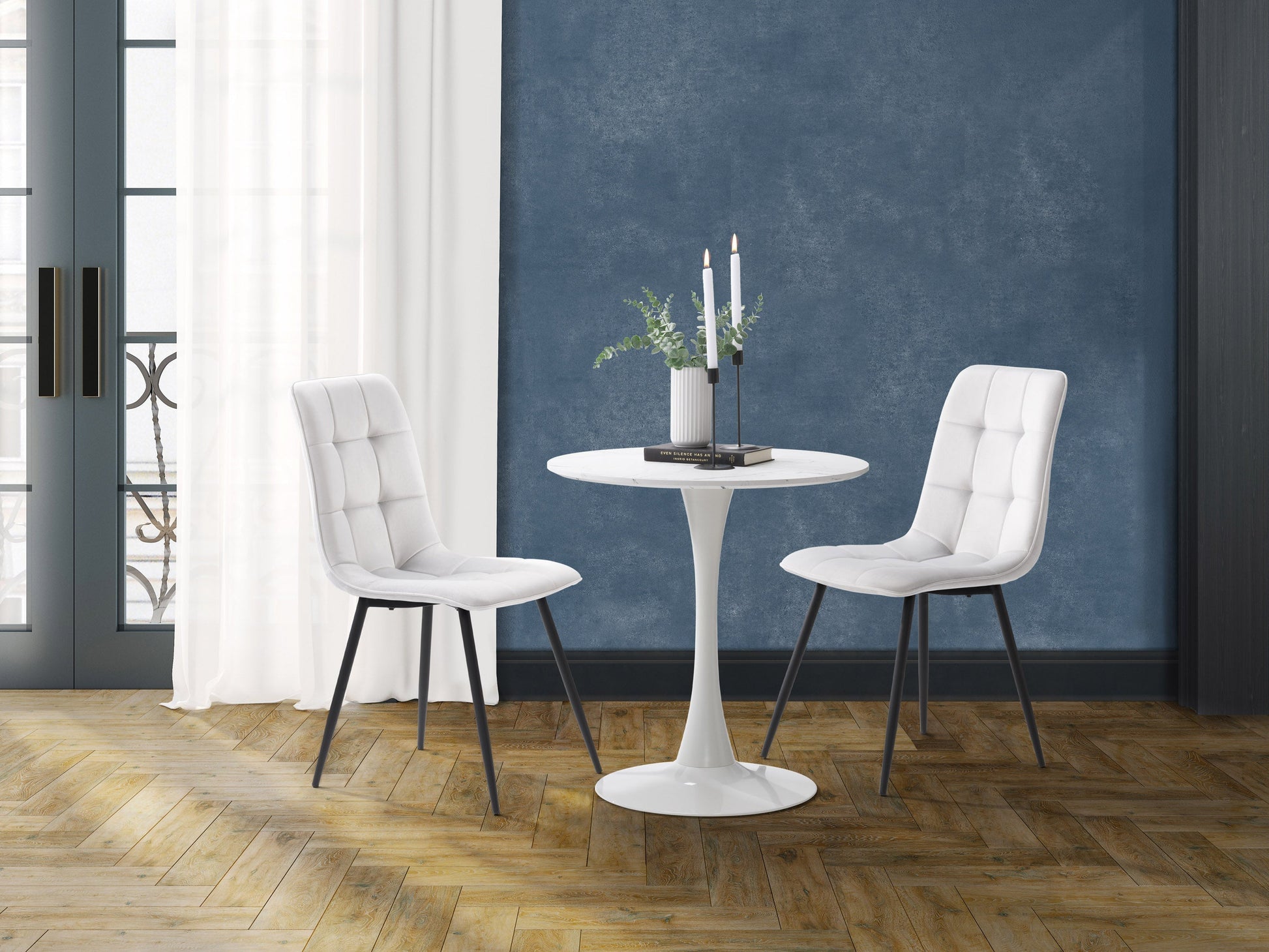 Alt Text: Light grey 3 piece bistro dining set with round table and two cushioned chairs, featuring metal frames and weather-resistant fabric, perfect for small outdoor spaces or cozy indoor nooks.