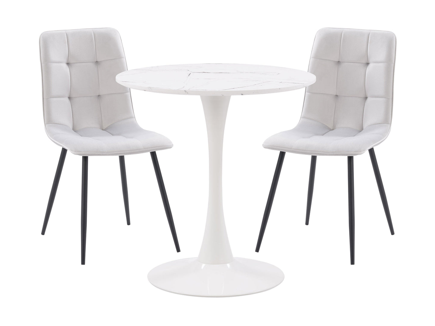 Alt Text: Light grey 3 piece bistro dining set with round table and two cushioned chairs, featuring metal frames and weather-resistant fabric, perfect for small outdoor spaces or cozy indoor nooks.