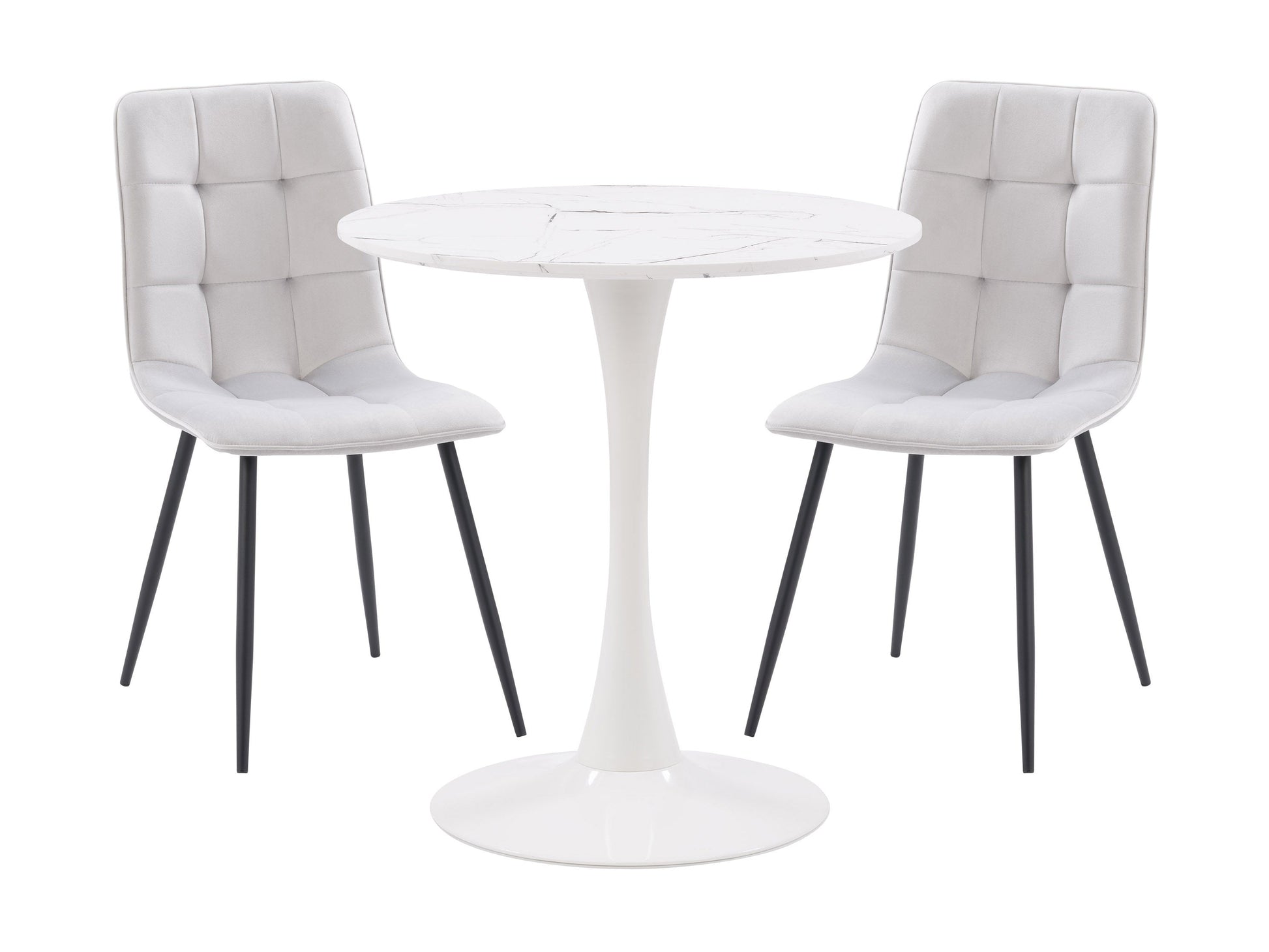 Alt Text: Light grey 3 piece bistro dining set with round table and two cushioned chairs, featuring metal frames and weather-resistant fabric, perfect for small outdoor spaces or cozy indoor nooks.