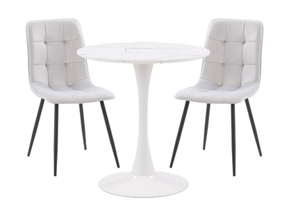 Alt Text: Light grey 3 piece bistro dining set with round table and two cushioned chairs, featuring metal frames and weather-resistant fabric, perfect for small outdoor spaces or cozy indoor nooks.