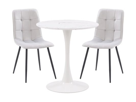 Alt Text: Light grey 3 piece bistro dining set with round table and two cushioned chairs, featuring metal frames and weather-resistant fabric, perfect for small outdoor spaces or cozy indoor nooks.