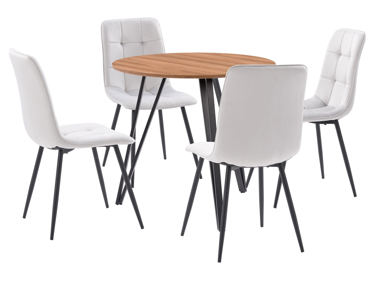 Light grey round dining table set with four matching cushioned chairs, featuring a sleek wooden finish and modern design, perfect for contemporary dining rooms.