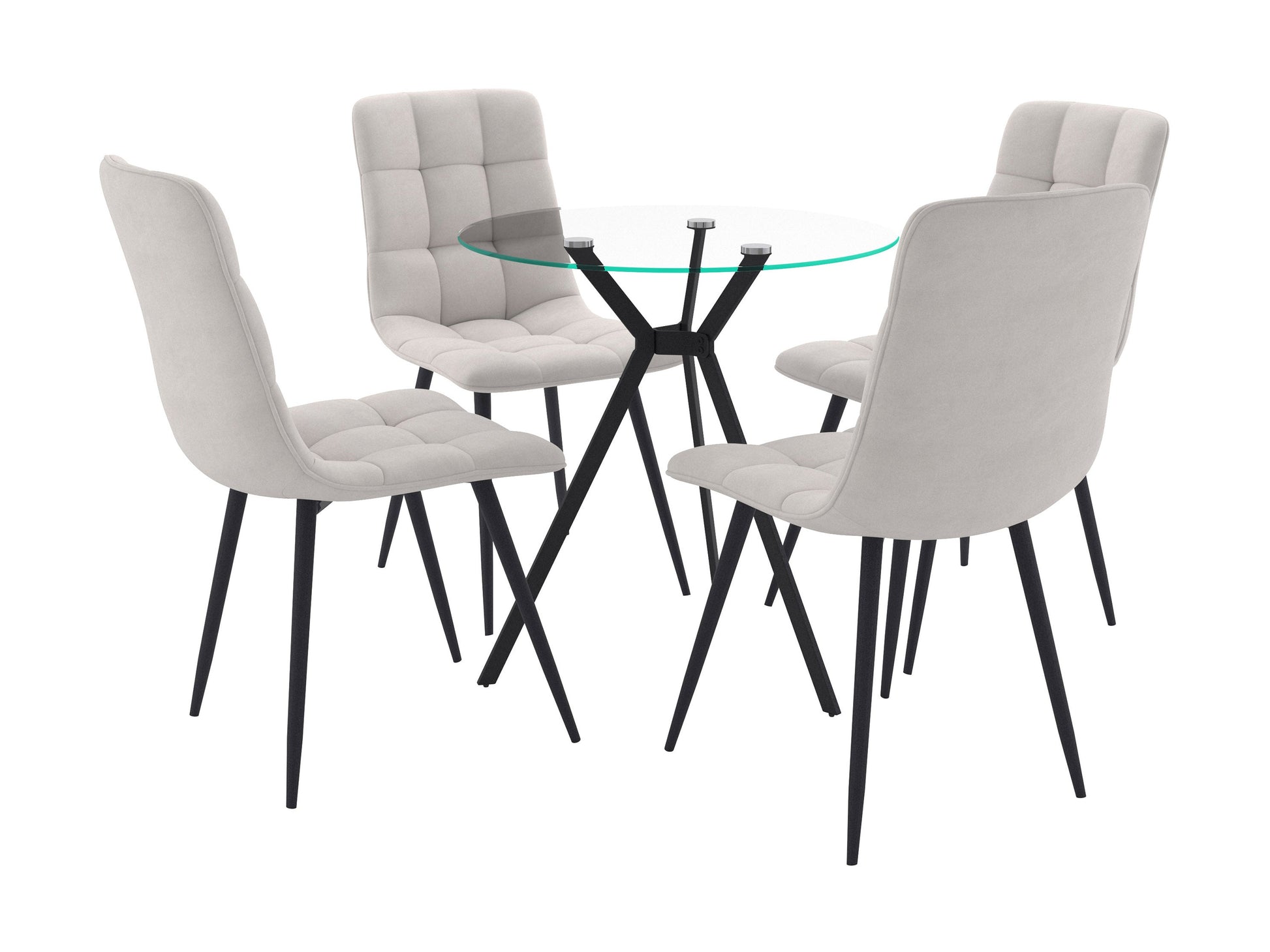 Glass dining table set with a rectangular clear glass top, light grey upholstered chairs, and sleek chrome legs, modern design, seating for four, ideal for contemporary dining rooms.