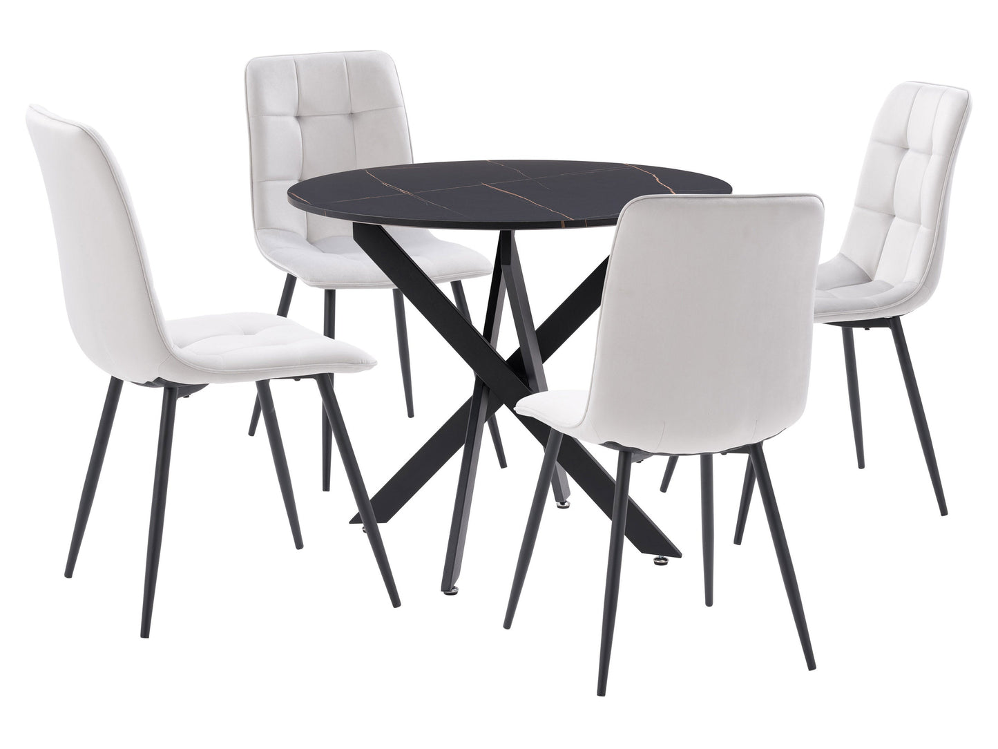 Black dining room set with four cushioned light grey chairs and a rectangular black wooden table, featuring sleek modern design, sturdy construction, and comfortable seating for a contemporary dining experience.