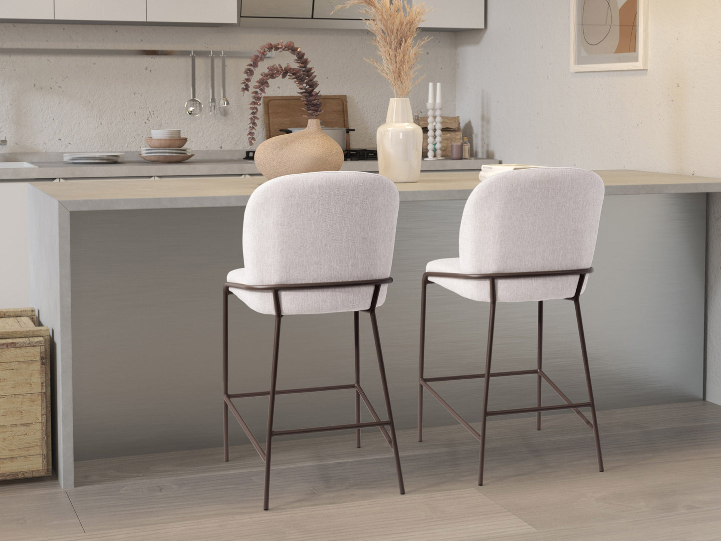 Light grey modern bar stool with sleek metal legs, cushioned seat, and ergonomic backrest. Ideal for kitchen islands and home bars. Durable fabric and minimalist design enhance contemporary interiors.