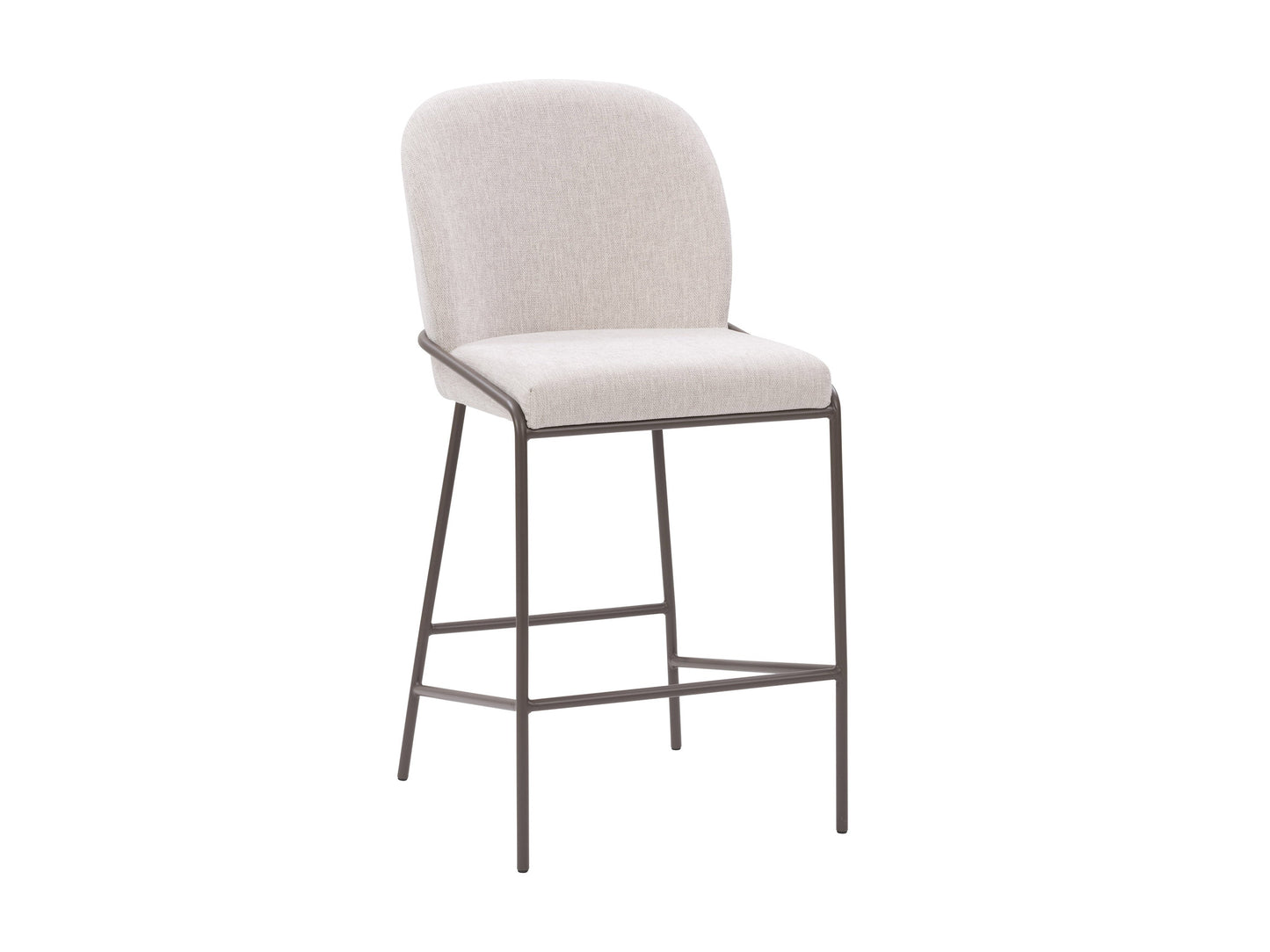 Light grey modern bar stool with sleek metal legs, cushioned seat, and ergonomic backrest. Ideal for kitchen islands and home bars. Durable fabric and minimalist design enhance contemporary interiors.