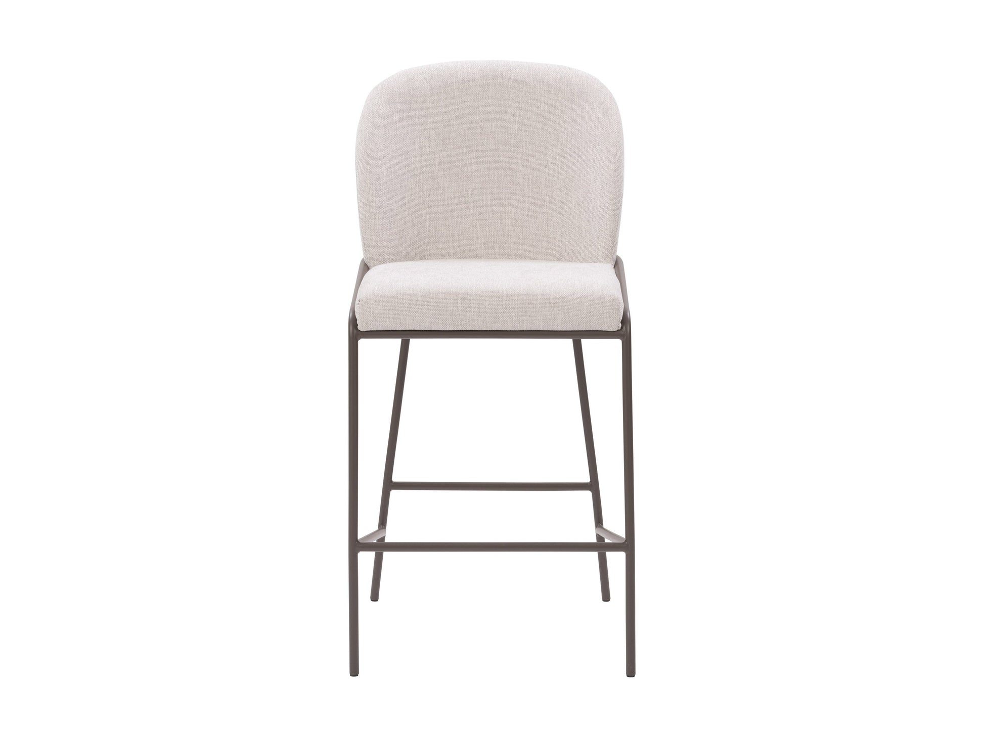 Light grey modern bar stool with sleek metal legs, cushioned seat, and ergonomic backrest. Ideal for kitchen islands and home bars. Durable fabric and minimalist design enhance contemporary interiors.