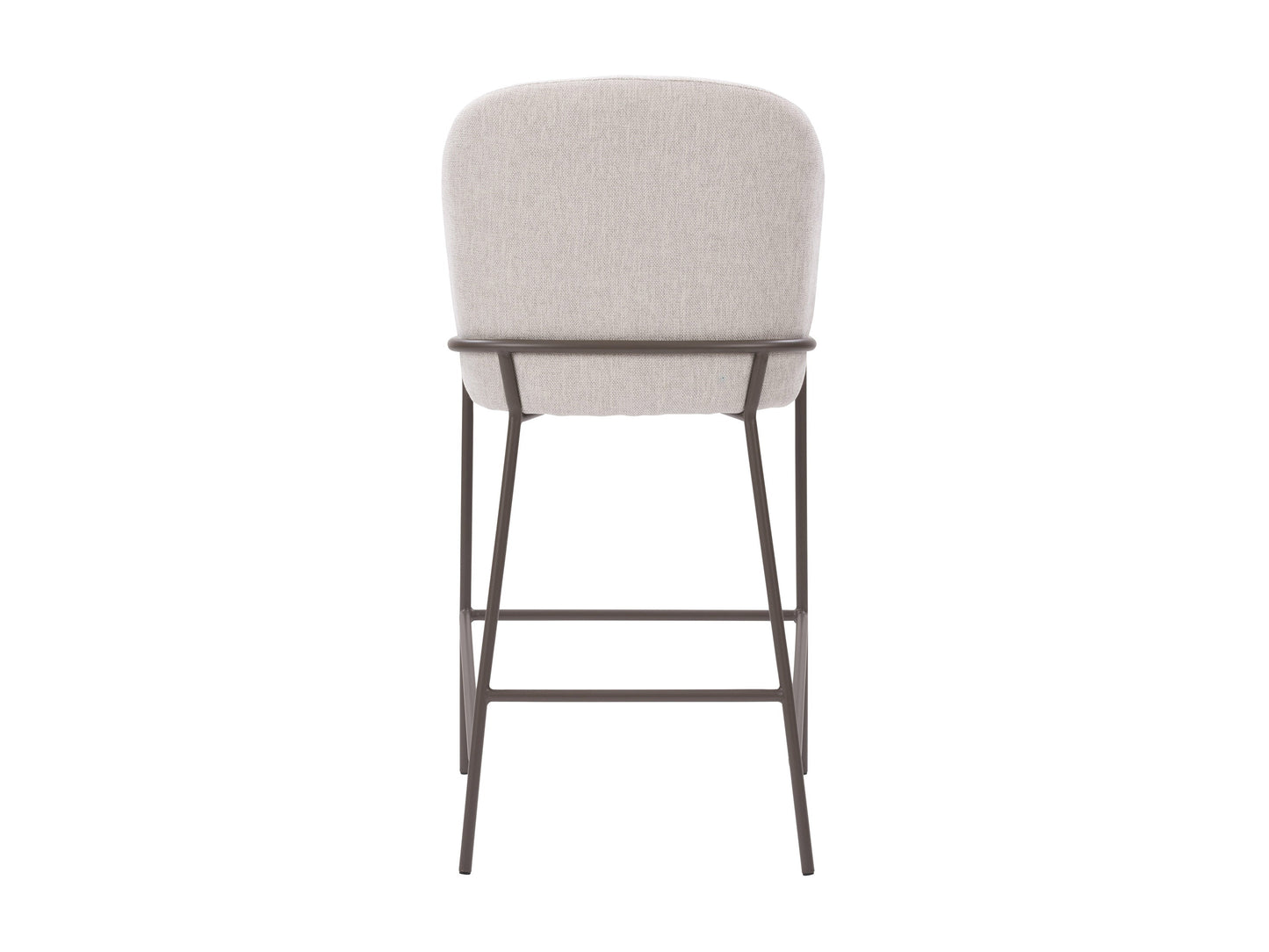 Light grey modern bar stool with sleek metal legs, cushioned seat, and ergonomic backrest. Ideal for kitchen islands and home bars. Durable fabric and minimalist design enhance contemporary interiors.