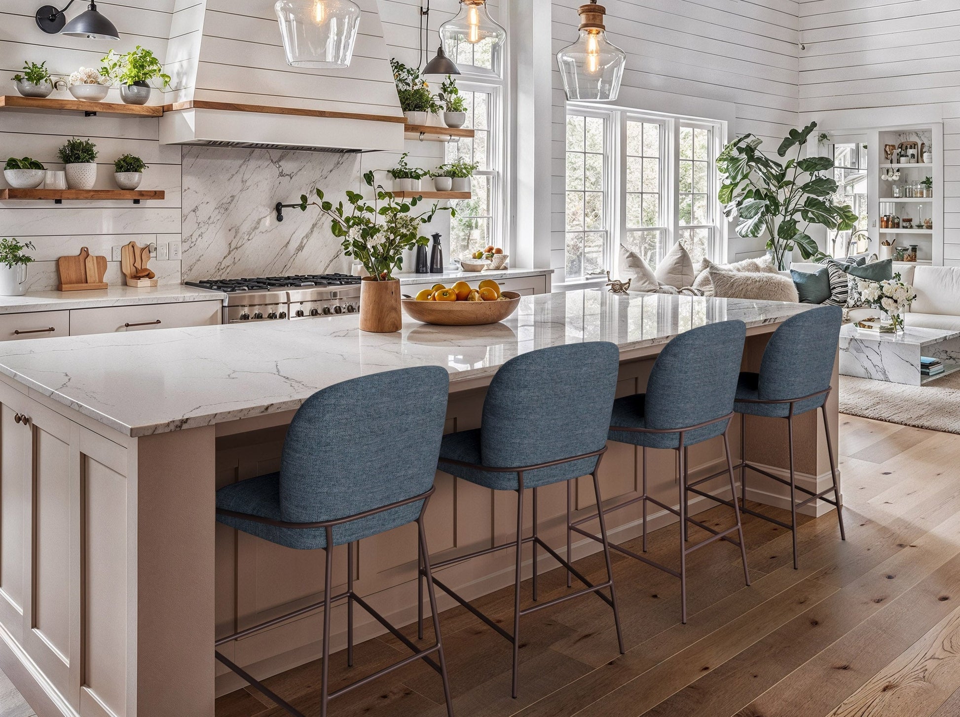 Modern bar stool with sleek black metal legs, a comfortable round wooden seat, and a minimalist design, perfect for contemporary kitchen islands or home bars.