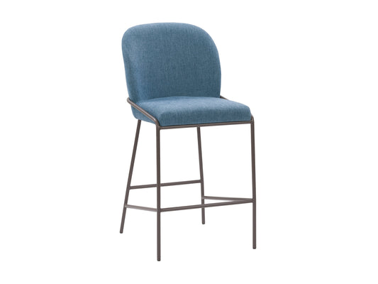 Blue modern bar stool with sleek metal legs, cushioned seat, and backrest. Features a minimalist design with a contemporary look, perfect for kitchen islands or home bars.