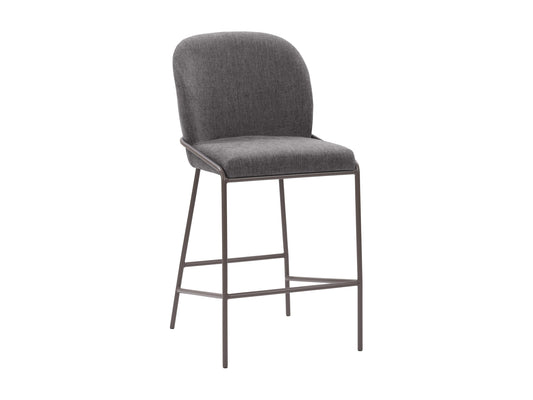 Dark grey modern bar stool with sleek metal legs, cushioned seat, and curved backrest; ideal for contemporary kitchen or bar settings.