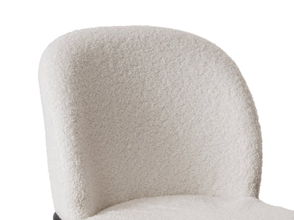 White boucle bar stool with plush, textured upholstery, sleek wooden legs, and a comfortable backrest, ideal for modern kitchens or home bars.