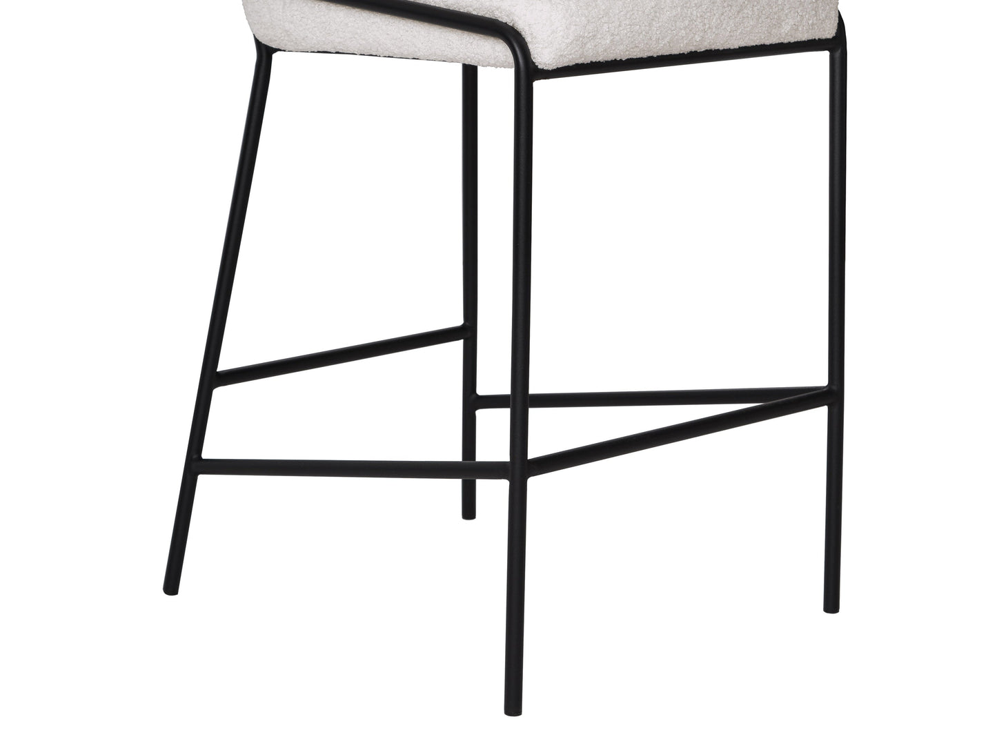 White boucle bar stool with plush, textured upholstery, sleek wooden legs, and a comfortable backrest, ideal for modern kitchens or home bars.