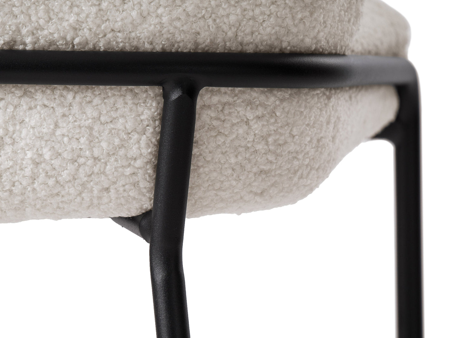 White boucle bar stool with plush, textured upholstery, sleek wooden legs, and a comfortable backrest, ideal for modern kitchens or home bars.