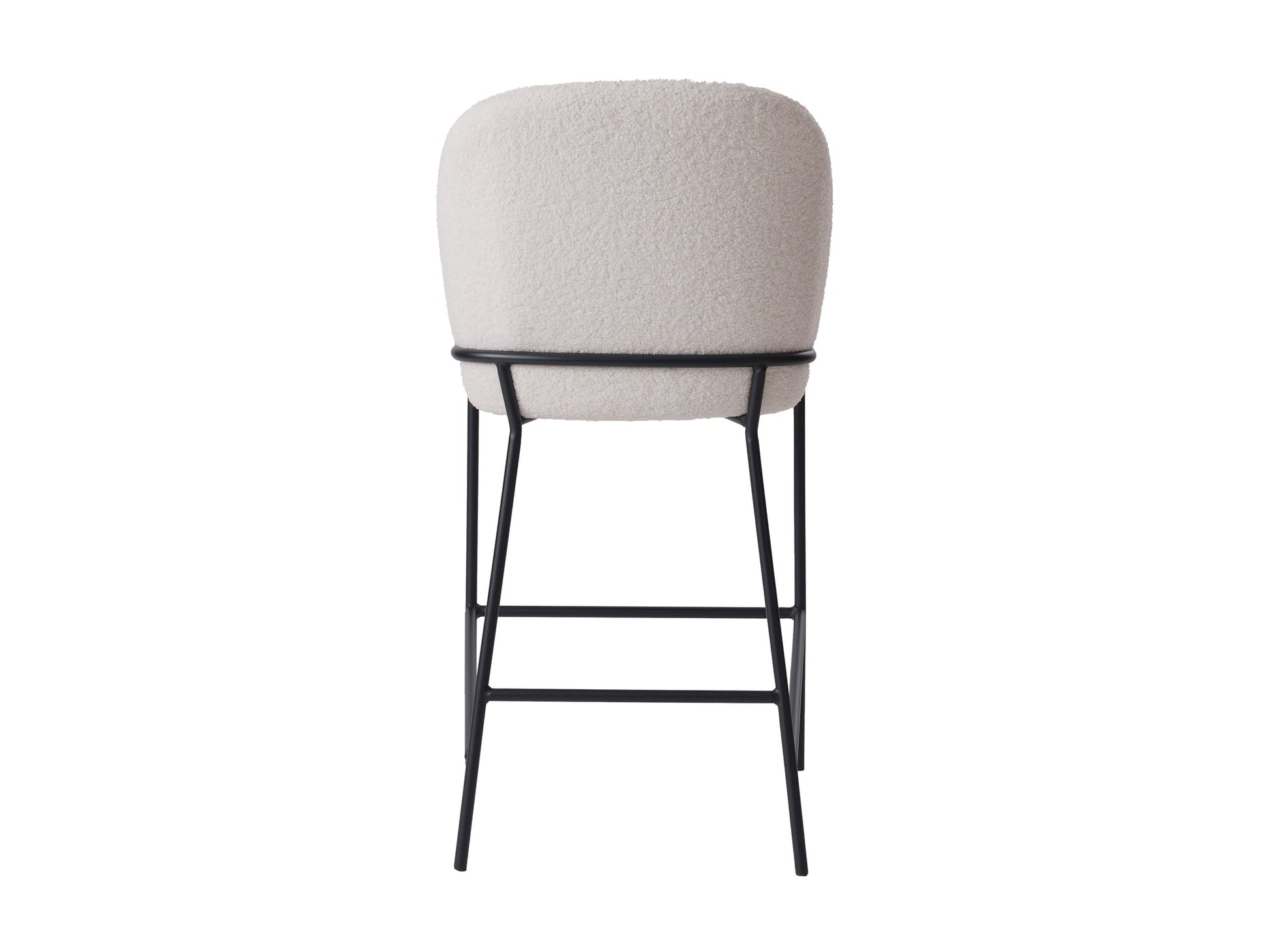 White boucle bar stool with plush, textured upholstery, sleek wooden legs, and a comfortable backrest, ideal for modern kitchens or home bars.