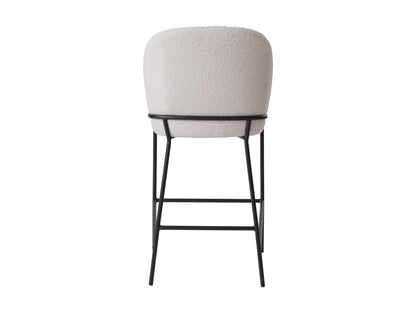 White boucle bar stool with plush, textured upholstery, sleek wooden legs, and a comfortable backrest, ideal for modern kitchens or home bars.