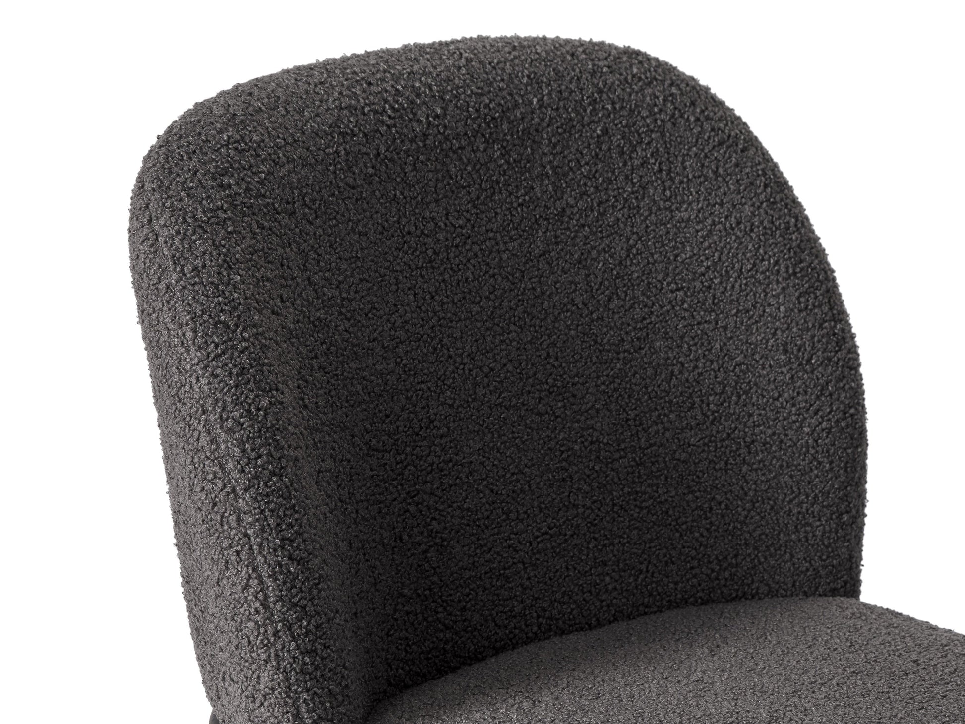 Grey boucle bar stool with plush texture, featuring a curved backrest, black metal legs, and footrest, perfect for modern kitchens and home bars.