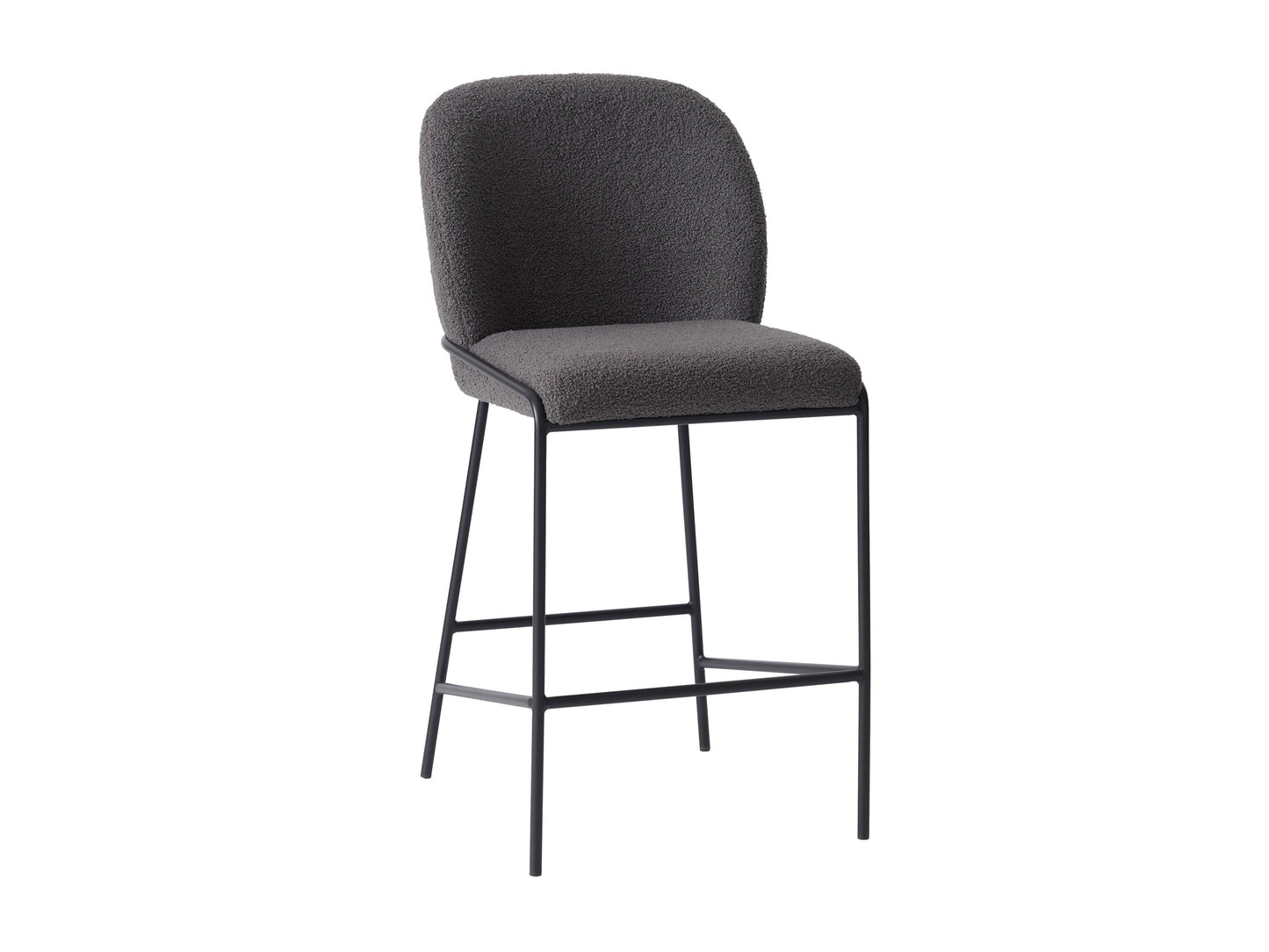 Grey boucle bar stool with plush texture, featuring a curved backrest, black metal legs, and footrest, perfect for modern kitchens and home bars.