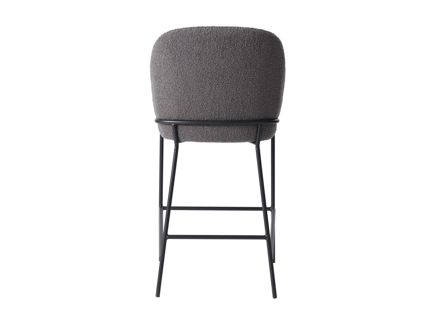 Grey boucle bar stool with plush texture, featuring a curved backrest, black metal legs, and footrest, perfect for modern kitchens and home bars.