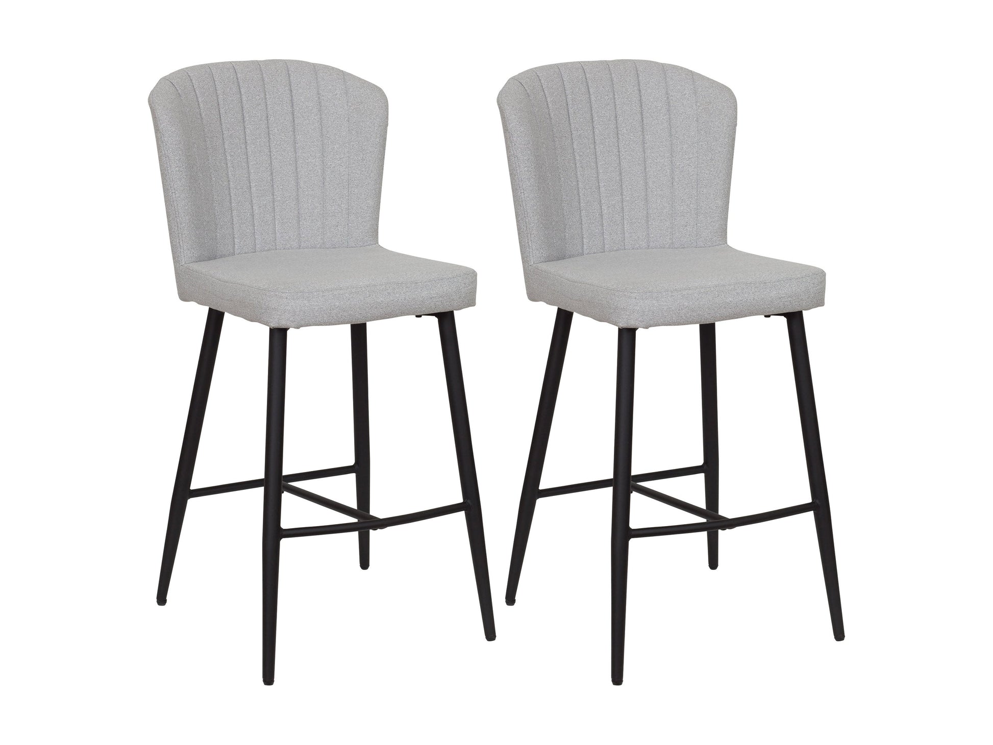 Set of 2 light grey metal bar stools with cushioned seats, sleek modern design, and sturdy frame. Ideal for kitchen islands or home bars.