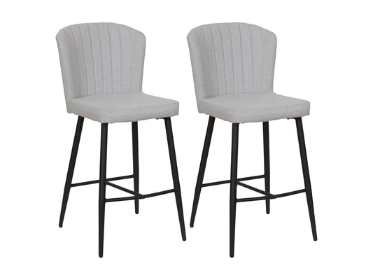 Set of 2 light grey metal bar stools with cushioned seats, sleek modern design, and sturdy frame. Ideal for kitchen islands or home bars.