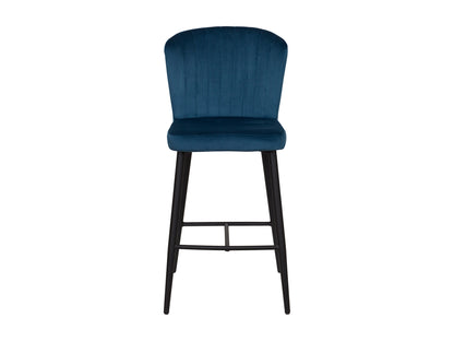 Navy blue metal bar stools set of 2 with sleek lines, high backs, and footrests, perfect for modern kitchens or bars. Sturdy construction with a smooth, glossy finish.