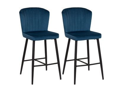 Navy blue metal bar stools set of 2 with sleek lines, high backs, and footrests, perfect for modern kitchens or bars. Sturdy construction with a smooth, glossy finish.