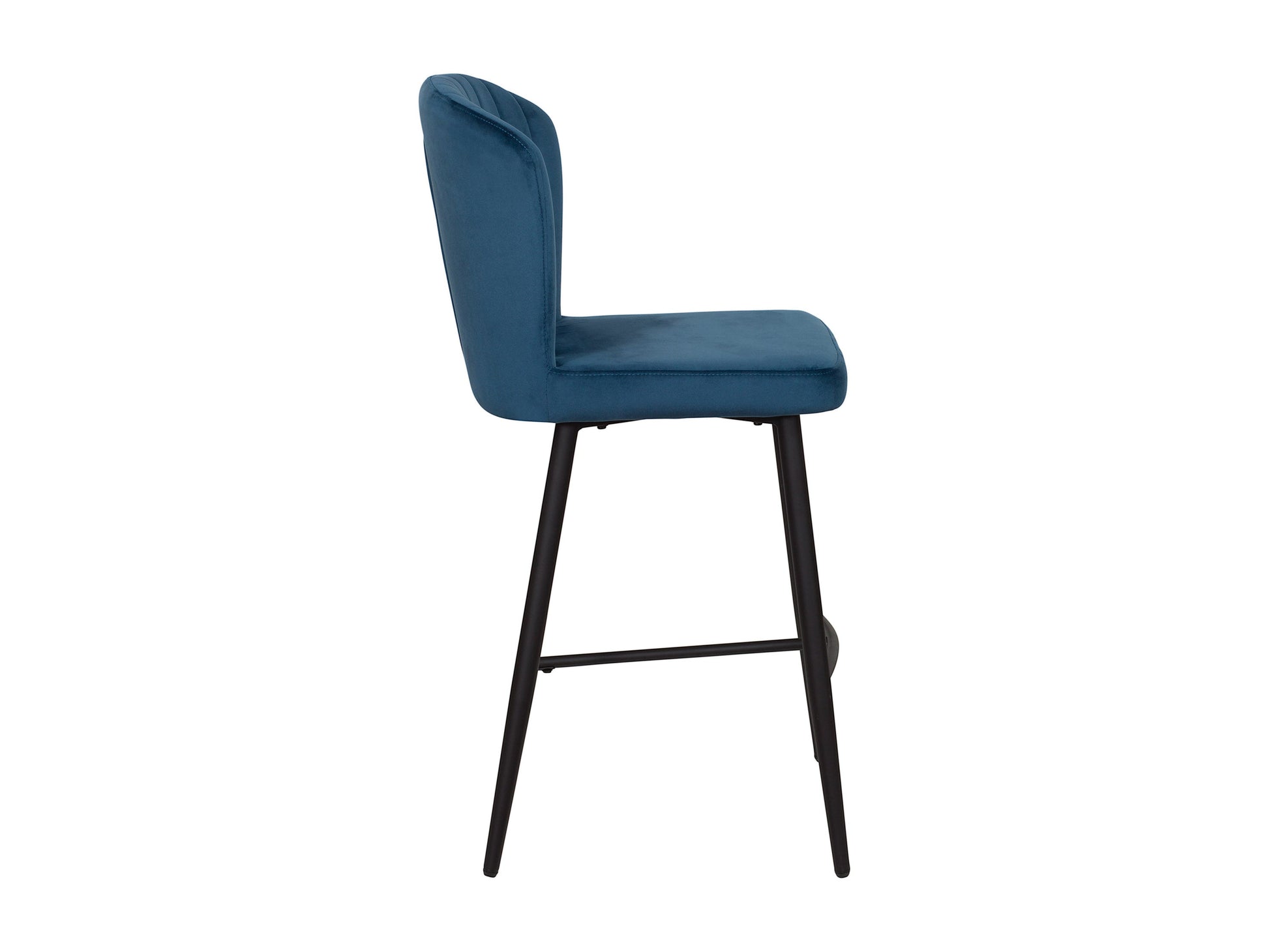 Navy blue metal bar stools set of 2 with sleek lines, high backs, and footrests, perfect for modern kitchens or bars. Sturdy construction with a smooth, glossy finish.