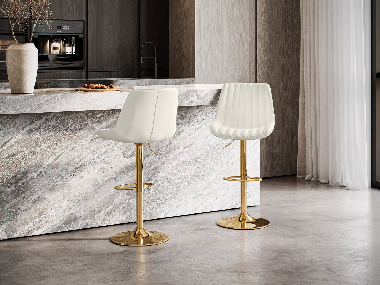 Elegant adjustable gold bar stools set of 2 with white cushioned seats, sleek metal frames, footrests, and swivel functionality, perfect for modern kitchen or bar area.