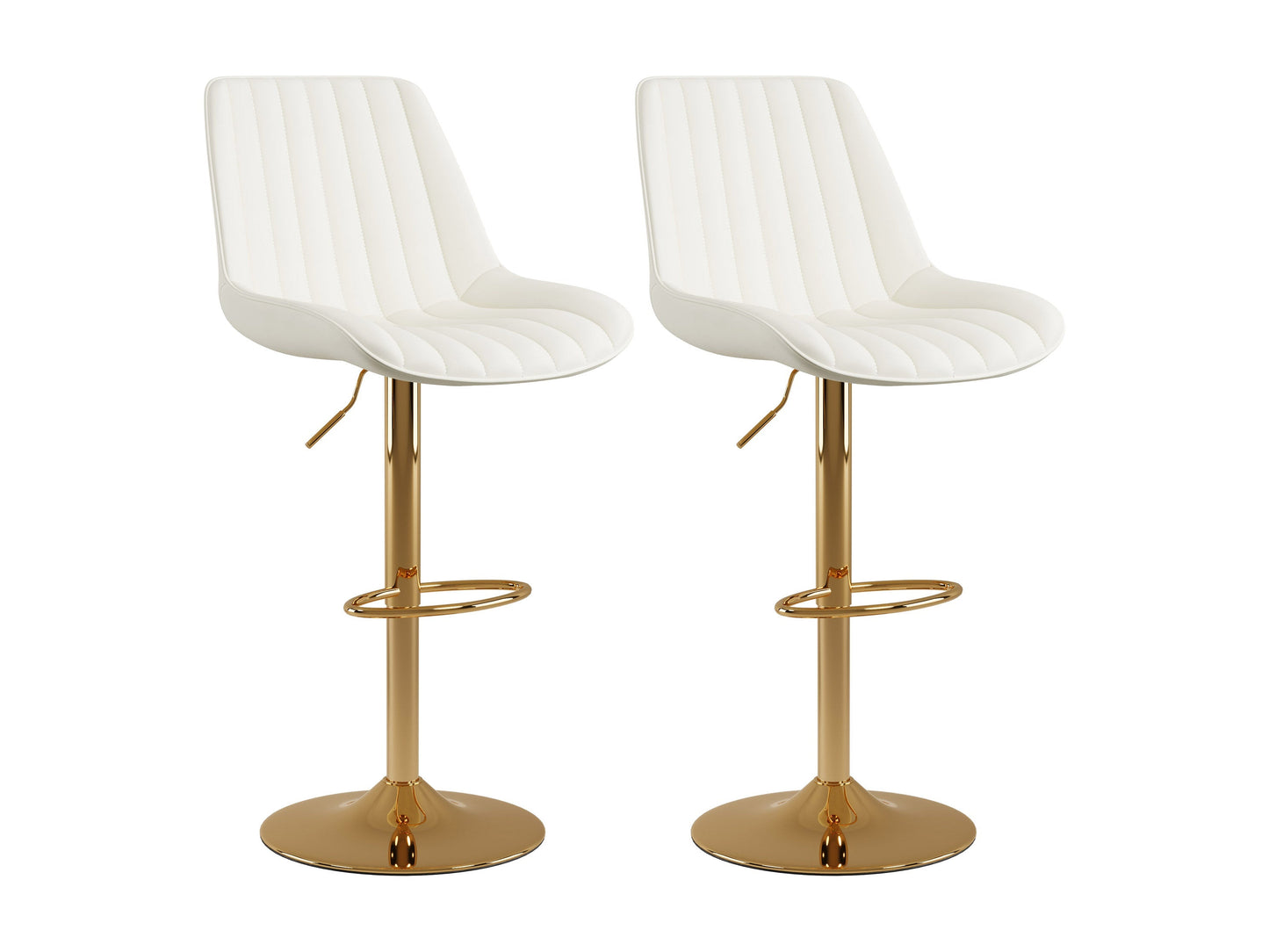 Elegant adjustable gold bar stools set of 2 with white cushioned seats, sleek metal frames, footrests, and swivel functionality, perfect for modern kitchen or bar area.