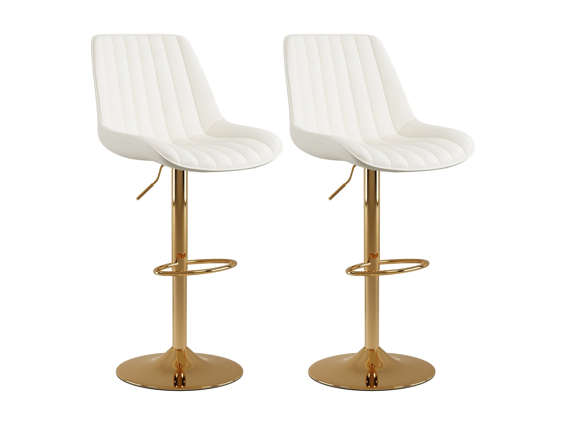 Elegant adjustable gold bar stools set of 2 with white cushioned seats, sleek metal frames, footrests, and swivel functionality, perfect for modern kitchen or bar area.