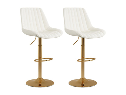 Elegant adjustable gold bar stools set of 2 with white cushioned seats, sleek metal frames, footrests, and swivel functionality, perfect for modern kitchen or bar area.