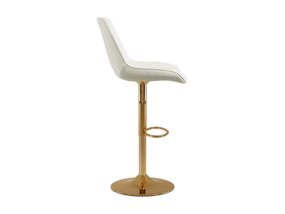 Elegant adjustable gold bar stools set of 2 with white cushioned seats, sleek metal frames, footrests, and swivel functionality, perfect for modern kitchen or bar area.