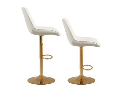 Elegant adjustable gold bar stools set of 2 with white cushioned seats, sleek metal frames, footrests, and swivel functionality, perfect for modern kitchen or bar area.