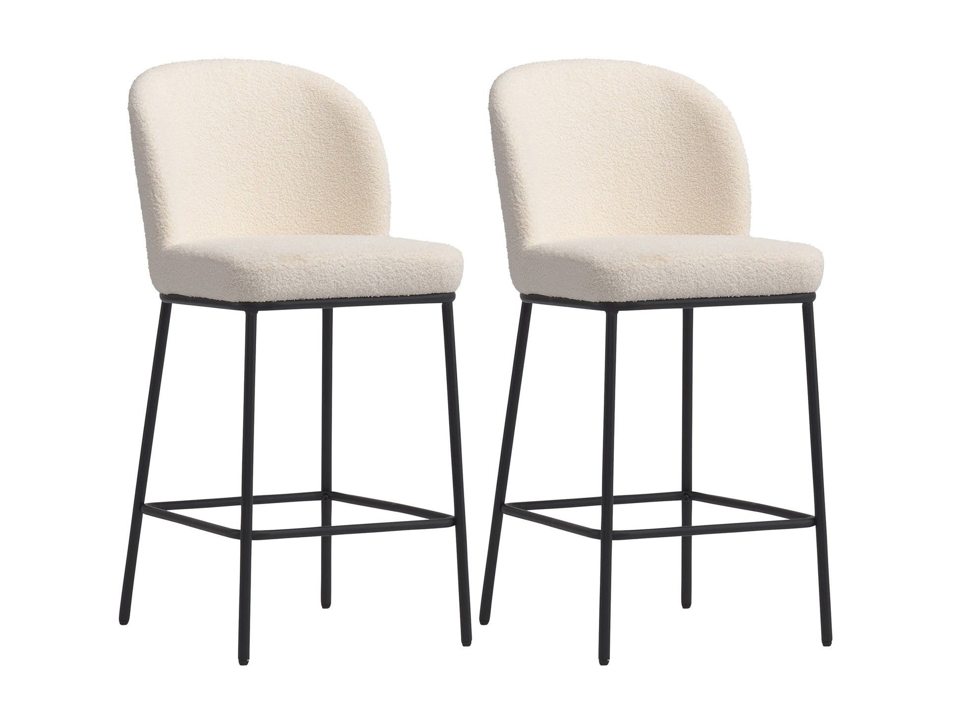 White boucle bar stools set of 2 with gold metal legs, featuring plush textured upholstery, curved backrests, and footrests for added comfort and style in modern kitchen or bar areas.