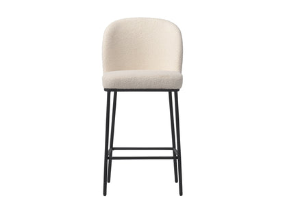 White boucle bar stools set of 2 with gold metal legs, featuring plush textured upholstery, curved backrests, and footrests for added comfort and style in modern kitchen or bar areas.