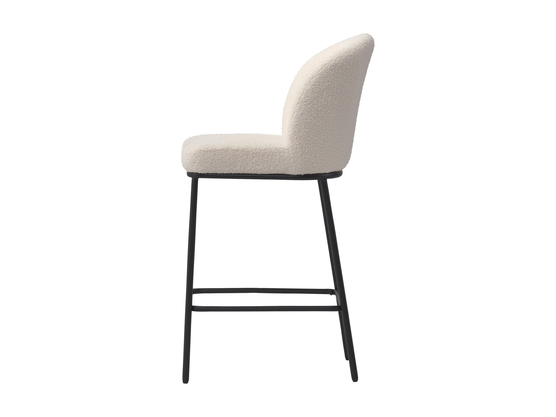 White boucle bar stools set of 2 with gold metal legs, featuring plush textured upholstery, curved backrests, and footrests for added comfort and style in modern kitchen or bar areas.